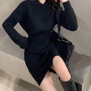 2色 ワンピース 長袖 秋 冬 秋冬 カジュアル ニット ワンピ パーカー ワンピ ショート丈 膝上 ドロップショルダー ラウンドネック スリム タイト 細身 ストレート ウエストマーク フード付き