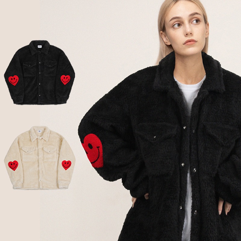 [UNISEX]Elbow Heart Smile Embroidered Fleece Shirt Jacket_2color 11,590円