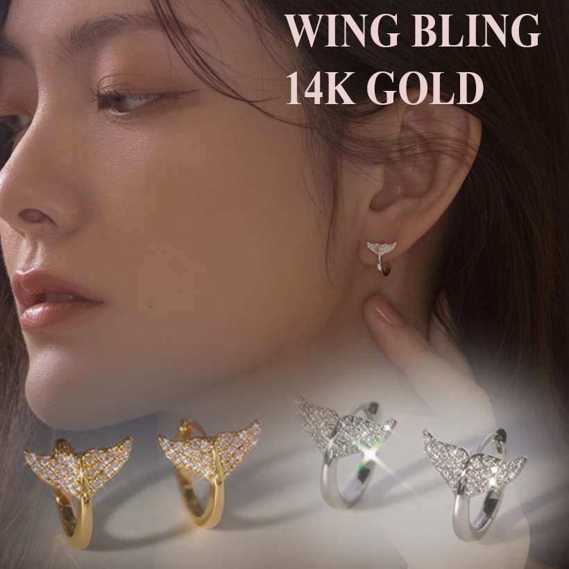 ウィングブリング 14K ベルーガ モアサナイト ホエールテール ピアス ワンタッチ リング 韓国ファッション 高輝度 上品 デイリー ジュエリー
