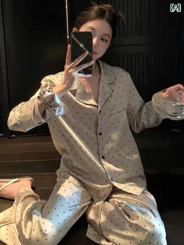 シルク　パジャマ　レディース シルクパジャマ 女性 春秋 2025 長袖 水玉 プリント 韓国 シンプル な スーツ