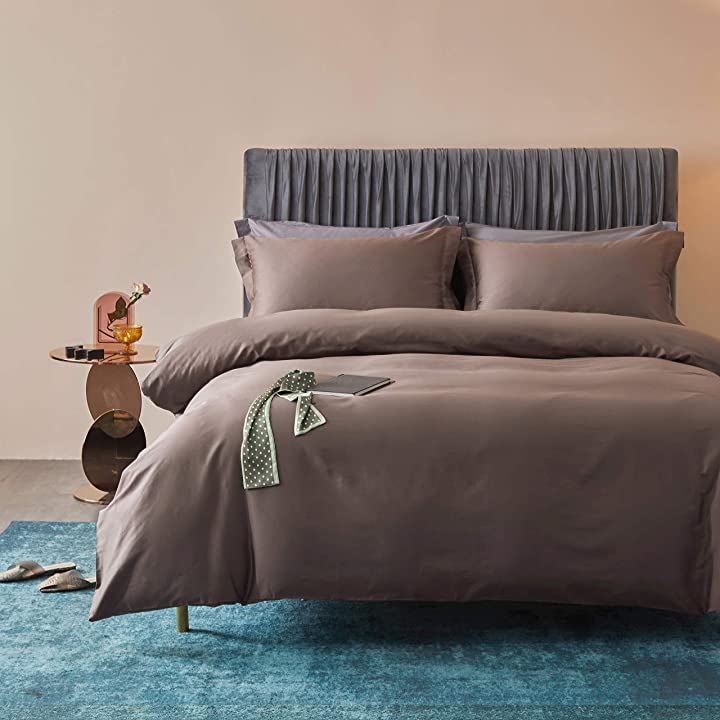 布団カバー 4点セット 無地 エジプト超長綿100% 掛布団カバー ボックスシーツ 枕カバー 300TCサテン調(ディープ トープ, ダブル)