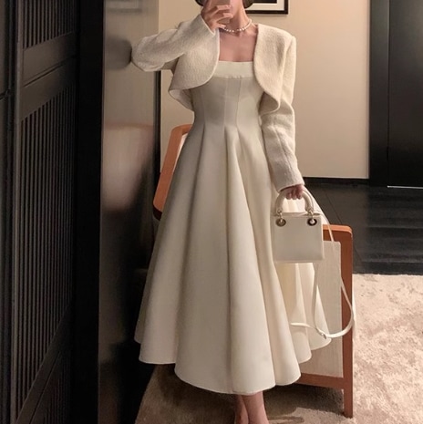 ドレス ワンピース ウェディング パーティー 結婚式 二次会 披露宴 演奏会 発表会 ステージ 舞台 フォーマル キャバ 衣装 謝恩会 演劇 ラウンジ クラブ ミモレ ノースリーブ スクエアネック