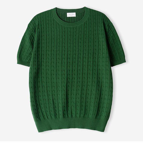 メンズ クール リネン ケーブル ラウンド 半袖 ニットTシャツ AT KNH Q012 グリーン_P418183740