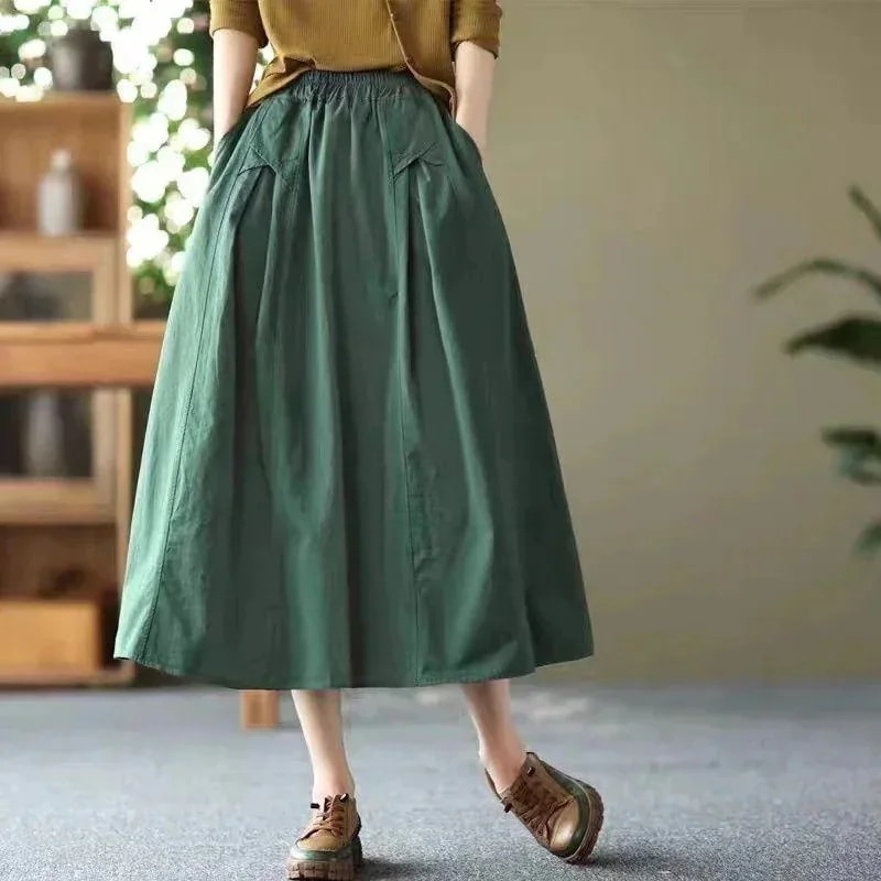 ンスカート無地レデイースウエス今週の割引は 25% オフですトゴムふわり綿麻混風Aライン体型カバーロング丈スカート物