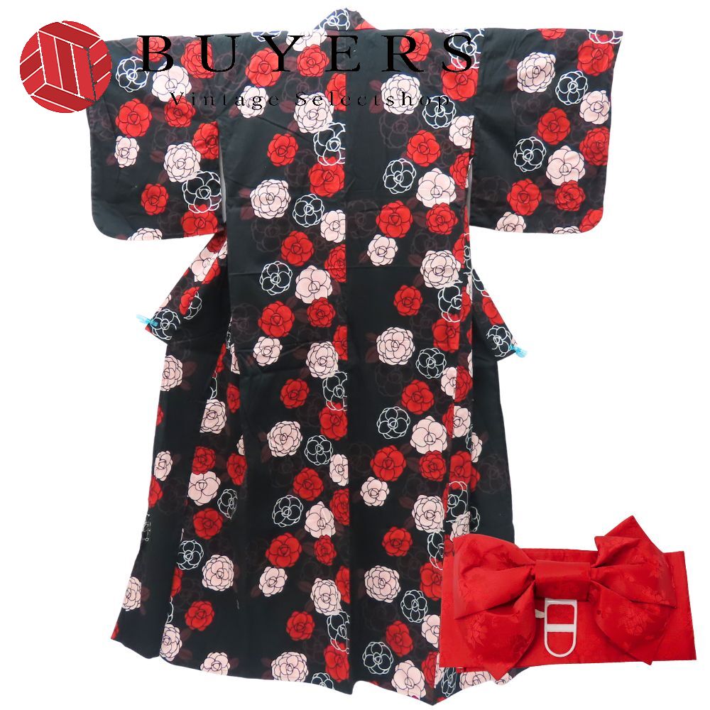 中古 浴衣 2点セット 作り帯 M ポリエステル 綿 黒 赤 ピンク 白 カメリア リボン 可愛い 和装 呉服 和服 きもの レディース 女性