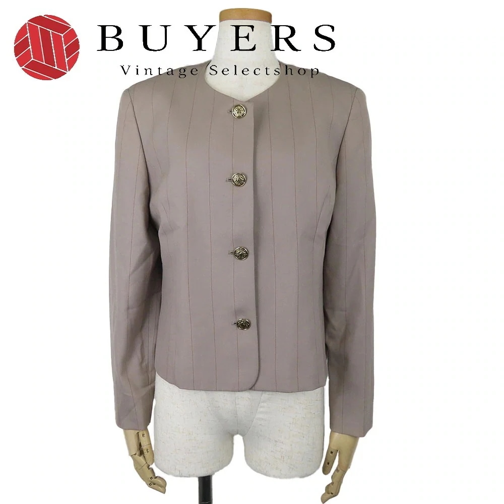 中古 ノーカラージャケット 11AR ウール コットン キュプラ グレー ピンストライプ アパレル 肩パット レディース 女性
