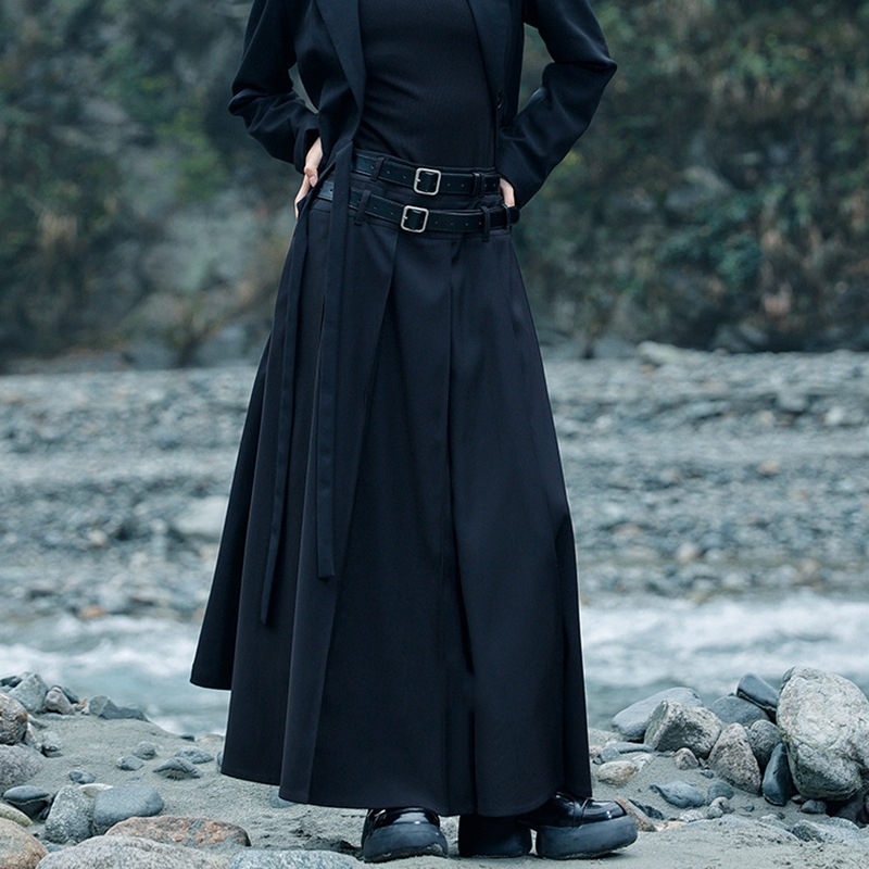 プリーツスカート 黒 ロングスカート ベルト付きスカート マキシ丈 着痩せ エレガント