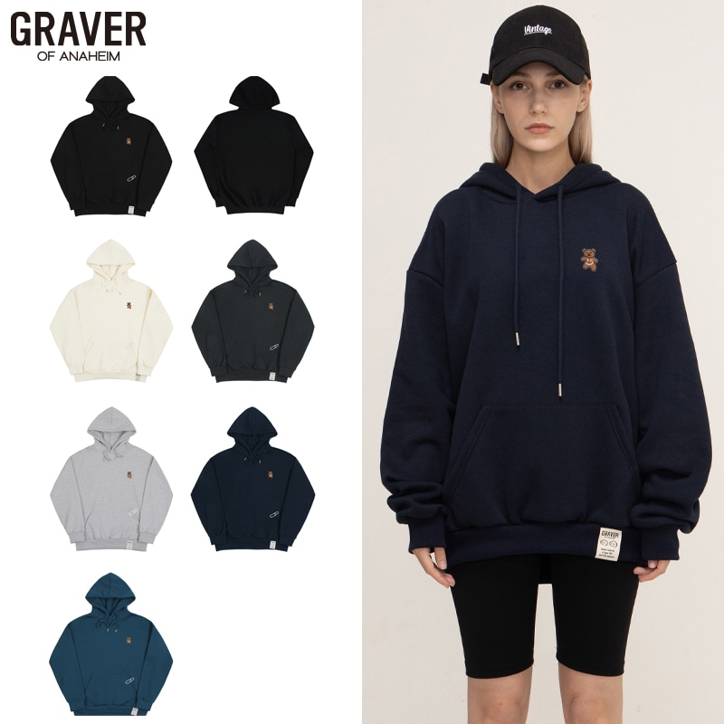 スモール ベア 刺繍 スマイル ホワイトクリップ フードTシャツ_6color