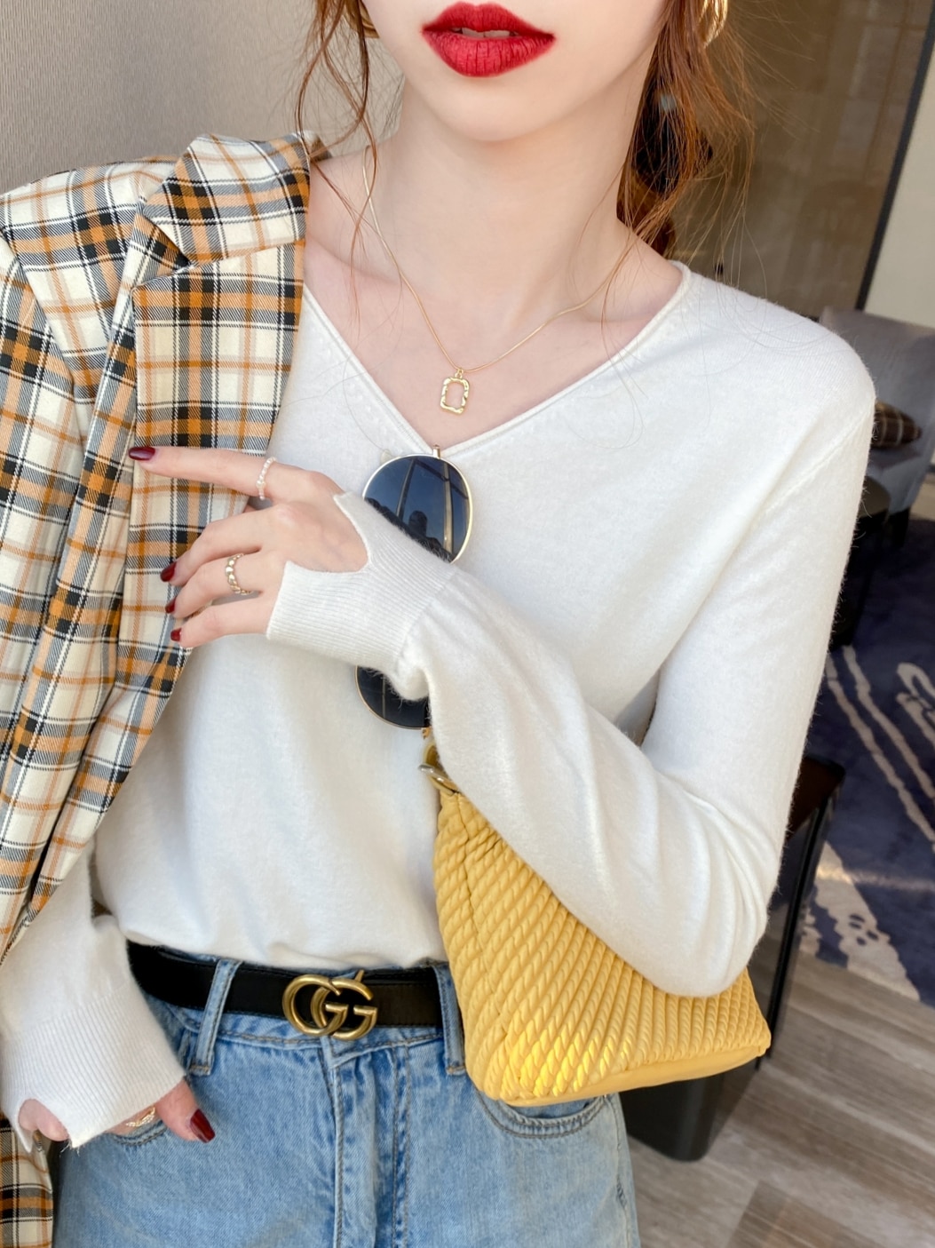 Vネックボトムシャツレディース春秋薄手部分ゆったりインナー長袖2023新作初秋服トップスニットジャンパー