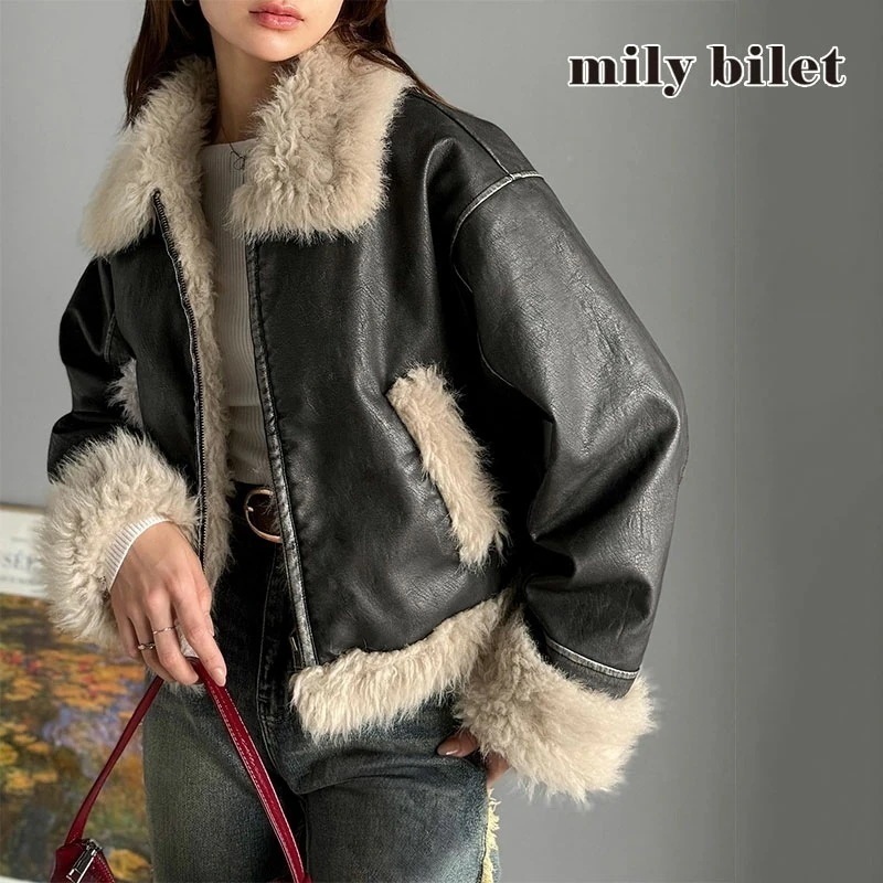 milybilet レザージャケットレディース ジャケット レディース アウター ライダースジャケット ヴィンテージ フェイクレザー ファー 中綿 防寒 こなれ感 シボ 華やか 大きいサイズ