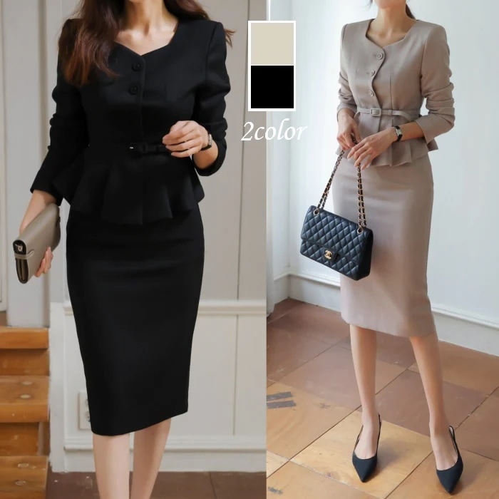 セットアップ レディース 結婚式 秋冬 ペプラム レディーススーツ ベルトセット 食事会 フォーマル オフィス 謝恩会