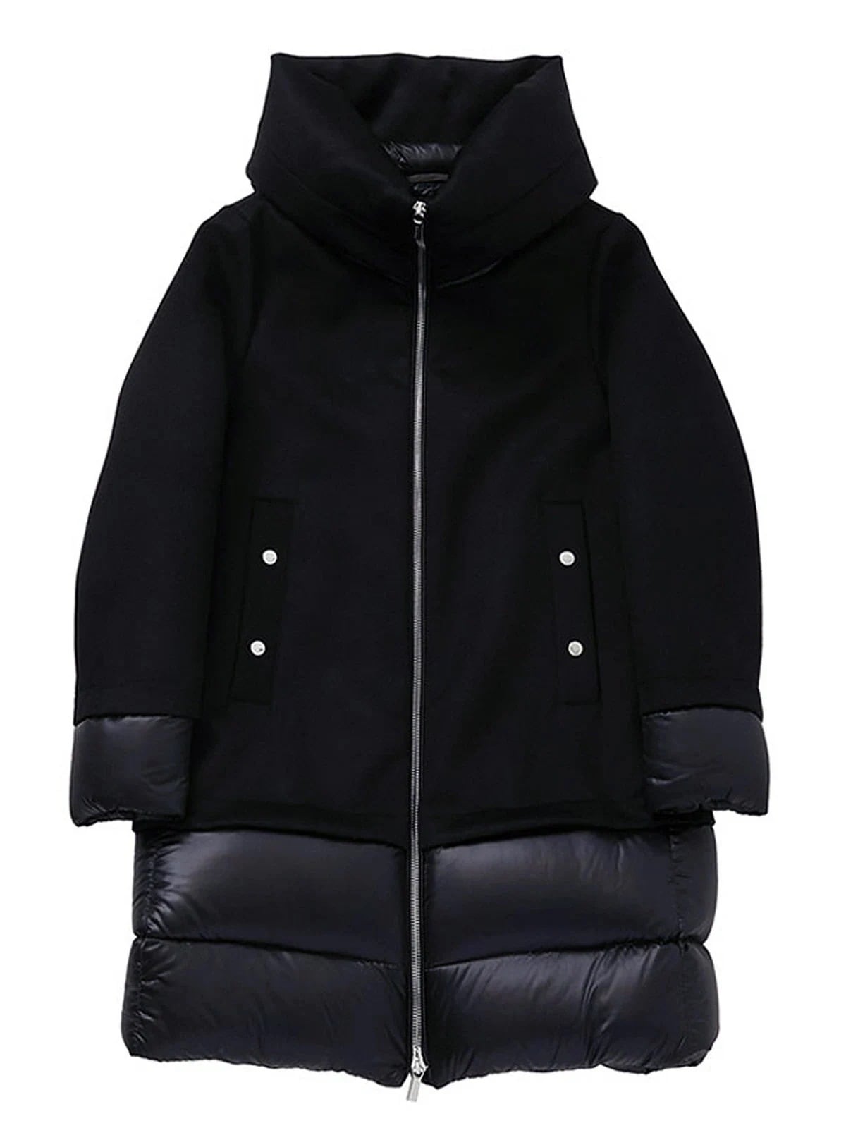 レディース フーデッド ダウンコート ミドル ハイブリッド 異素材切替 ネイビーブルー SUNRISE-LER U0152