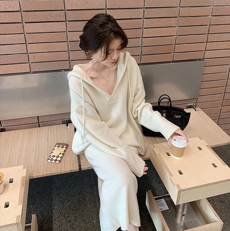 セットアップ 3色 ニットパーカー スカート 韓国 秋冬 Vネック 長袖 無地 ロング パーティースタイル オフィススタイル エレガントスタイル カジュアルスタイル コーディネートセット