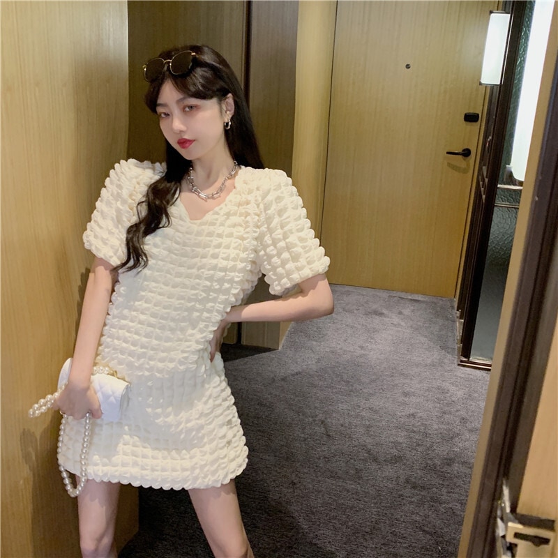 【送料無料】レディース 2カラー ワンピース ミニワンピース ミニ丈 半袖 パフ 大人可愛い