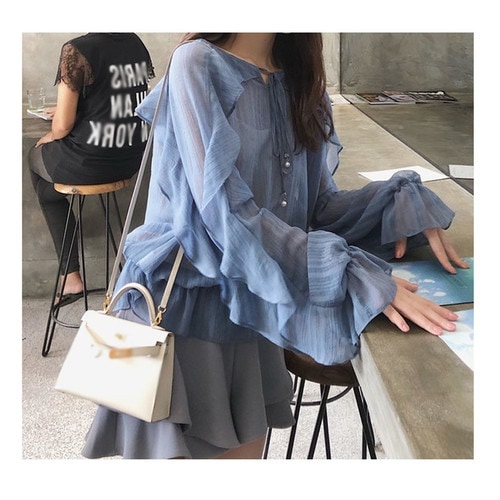 2424.フリルがかわいい長袖ブラウス（パープル）2019 春夏 カジュアル シンプル 普段使い