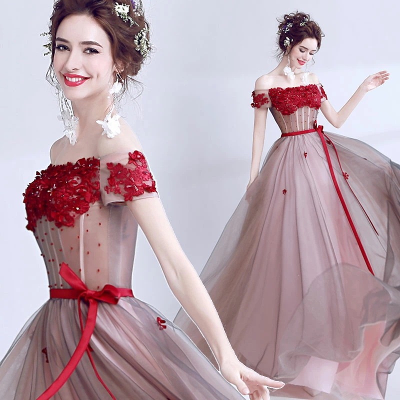 カラードレス 演奏会 ロングドレス レッド パーティードレス オフショルダー 結婚式 花嫁 フォーマルドレス イブニングドレス 編み上げ 刺繍 海外 撮影用 発表会 二次会ドレス お姫様ドレス 披露宴