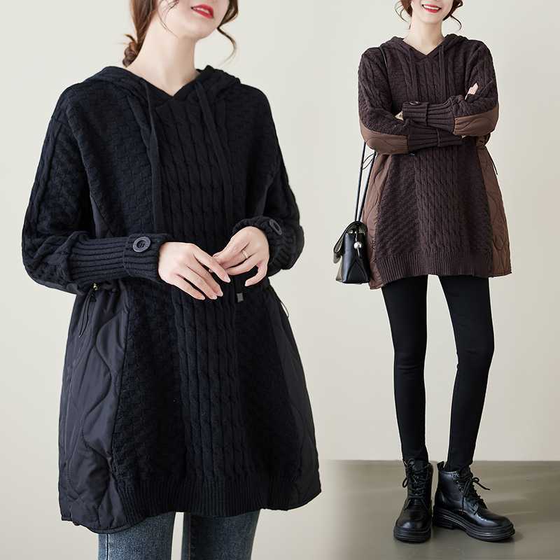 体型ーカバー メガ割 大きいサイズ セーター レディース 「ファットガール」 ニットパーカー 2024秋冬新品 ドッキング ロングニット