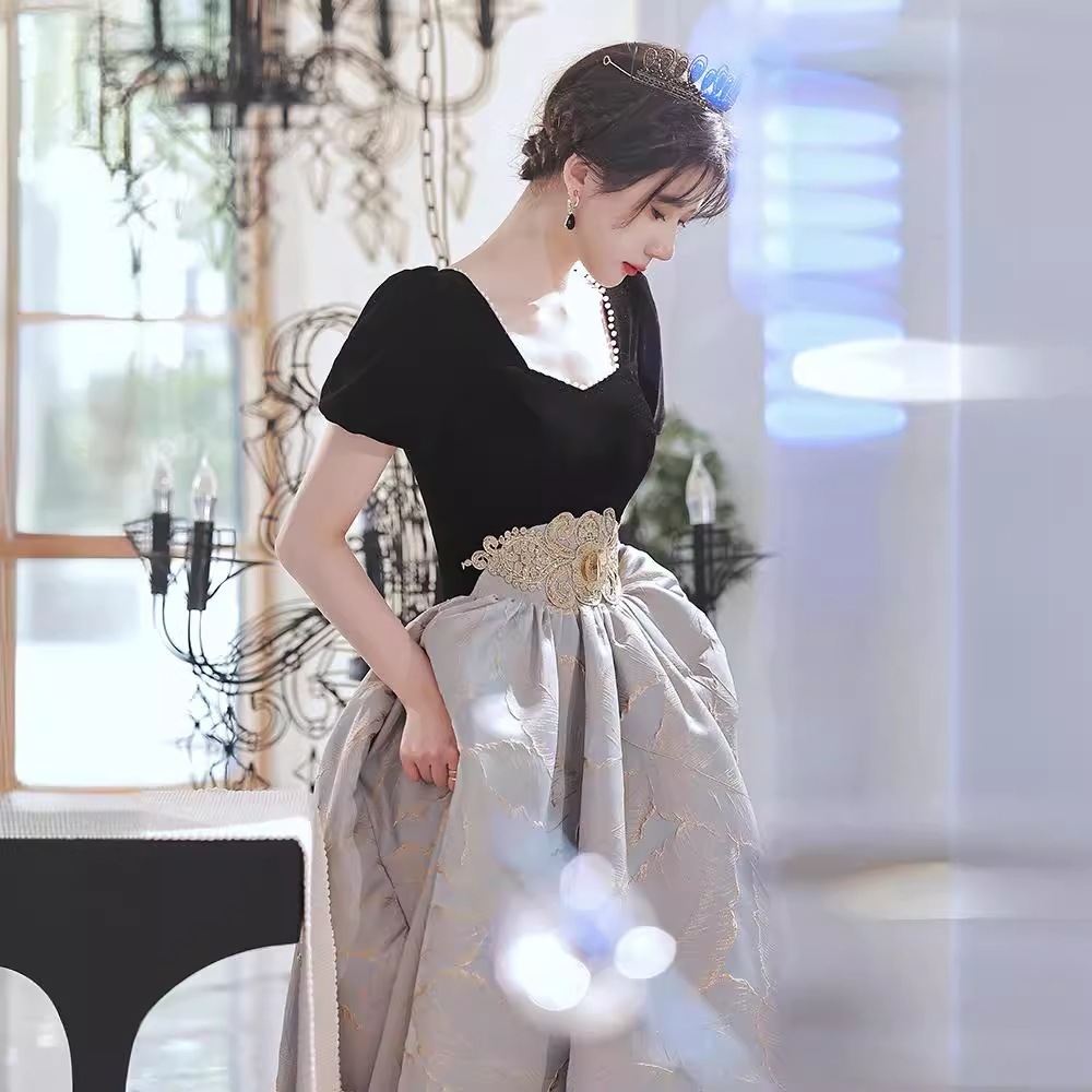 イブニングドレス宴会黒ベルベット気質成人式卒業式ドレス