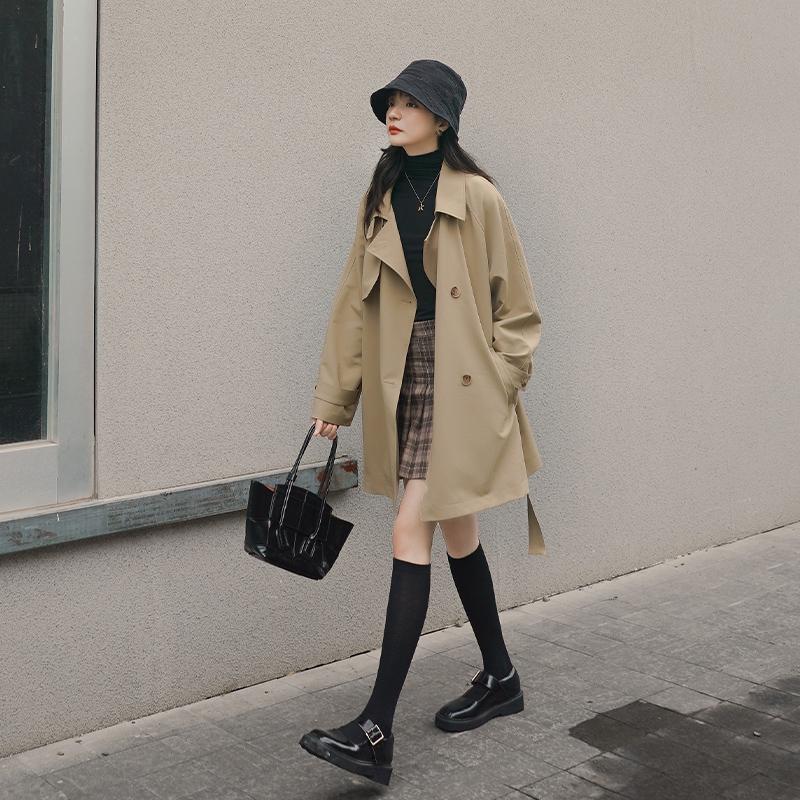 カーキウインドブレーカーレディースミドル丈新スタイル気質今人気の小さめコート