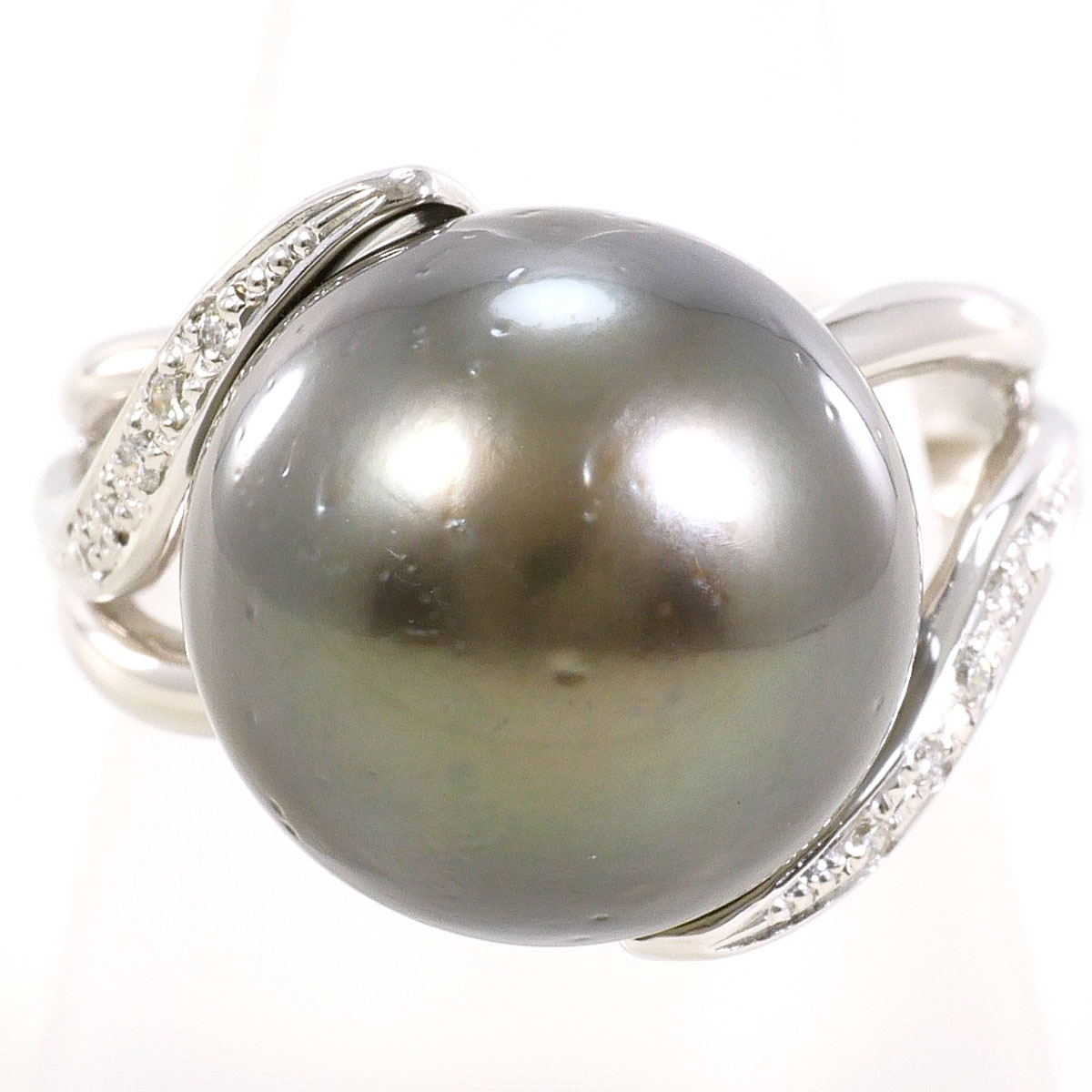 PT900 プラチナ リング・指輪 15号 黒蝶真珠 ダイヤモンド 0.10ct カード鑑別書 総重量約15.8g 中古