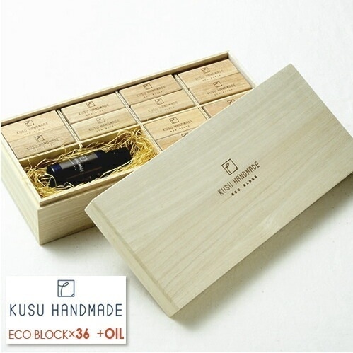 クスハンドメイド(KUSU HANDMADE)　エコブロック36個+オイル30ml桐箱入[100％天然成分 虫除け　防虫　防虫剤　防臭　芳香 天然木