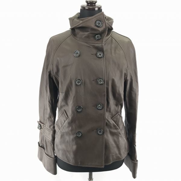 BENETTON羊革/ラムレザージャケット/ブルゾン/アウター【42/Womens size-L/暗茶】ハイネック/ダブルボタン/フレアスリーブ/ベネトンBA980L
