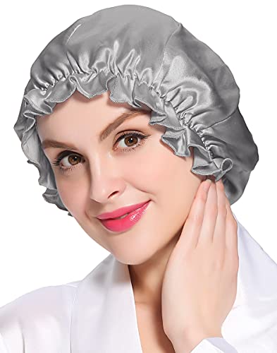 [LilySilk] 天然シルク100% ナイトキャップ 枝毛防止 保湿美髪 ロングヘア用 お休みキャップ 就寝用 産後用 (全周ゴム/シルバーグレー)