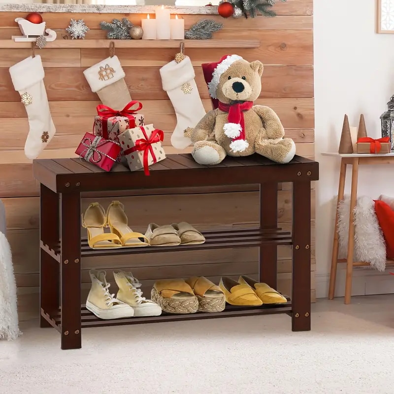 1pc バンブー3層靴収納ラックエントリー用靴変更スツール家庭用靴ラックベンチ屋内外の玄関ベッドルームリビングルーム用の小さな靴オーガナイザー（英語の説明書付き）