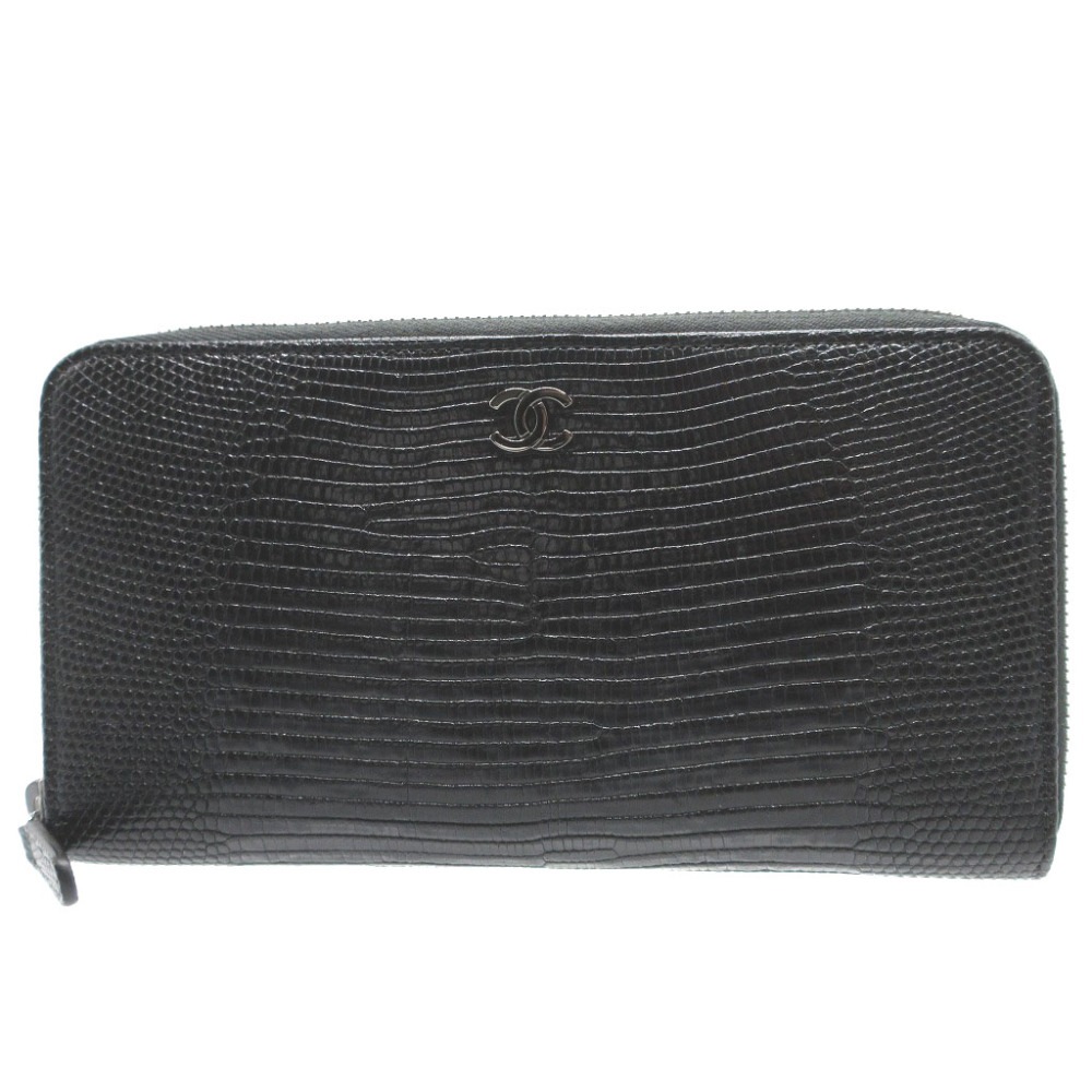 美品 ラウンドファスナー ココマーク 長財布 リザード/リザード ブラック 0100【中古】 ユニセックス