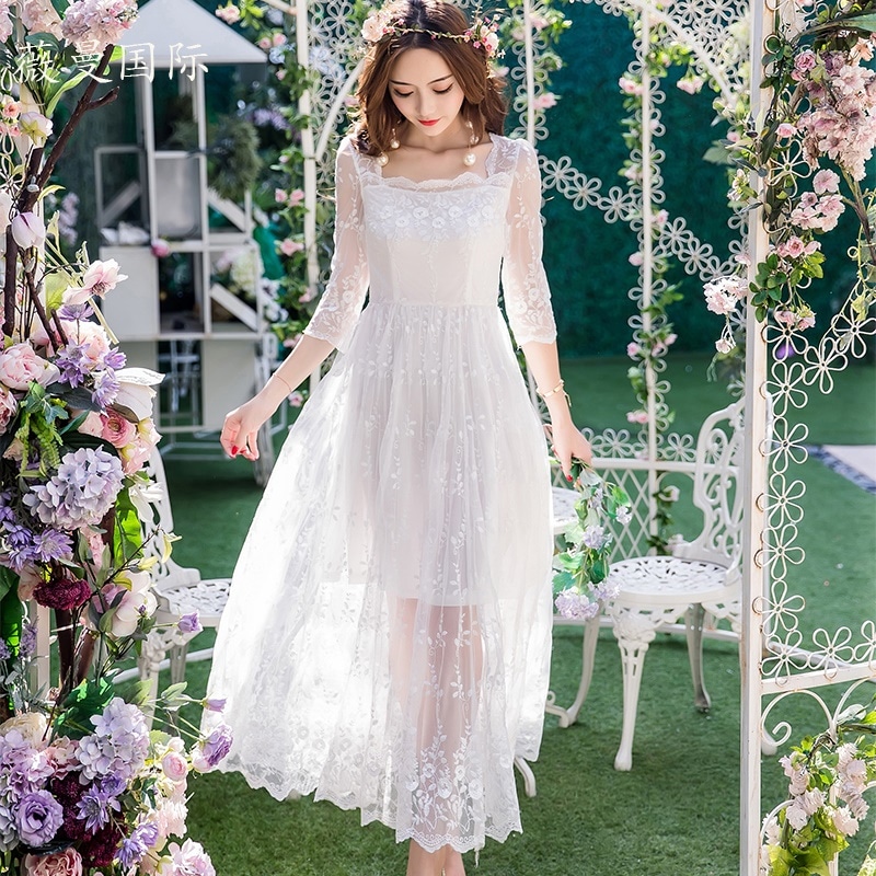 1638. シースルーレースロングドレス（ホワイト）2019 春夏 sale パーティー 結婚式 二次会 発表会 演奏会 レストラン デート