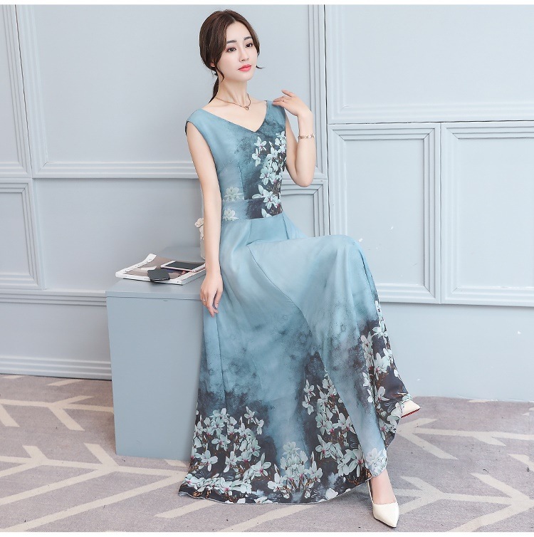 1551.花柄シフォンノースリーブドレス（グレーブルー） 2019 春夏 sale 演奏会 コンサート 結婚式 ブライダル 食事会 パーティー
