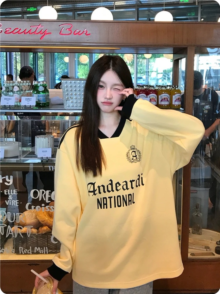 アメリカン ヴィンテージ 長袖 トップス スウェット ゆったり シック ジャージ クラシック 英字 イエロー ブラック デザイン Vネックフットボールスウェットシャツ