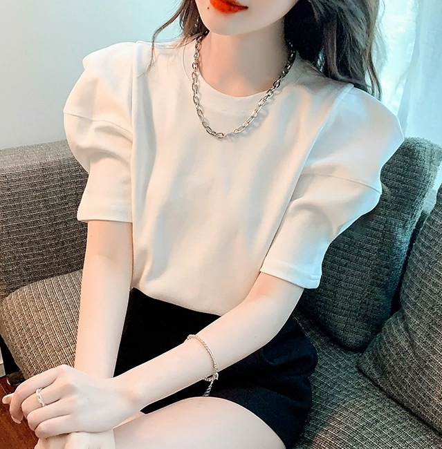 バルーンスリーブ シンプルシャツ 半袖 Tシャツ ショート丈 パフスリーブ Uネック 細身 ストレート 伸縮性 薄手 かわいい 大人可愛い シンプル カジュアル 大人 上品 おしゃれ こなれ感 ラフ