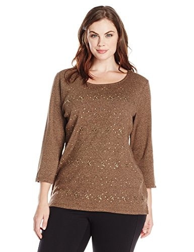 Rafaella Womens Plus-Size 3/4 Embroideryellished Knit, Brown Tweed Heather, 2X Rafaella Womens Plus-Size 3/4 Embroideryellished Knit, Brown Tweed Heather, 2X