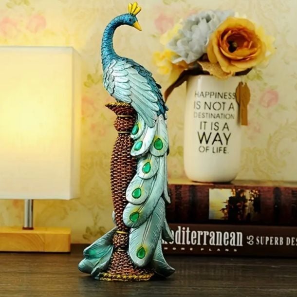 クジャク 置物 豪華 装飾 上品 おしゃれ 孔雀像 ゴージャス 動物 鳥 オブジェ 彫刻 アート リビング 青 オレンジ ブルー リビング 廊下 ホームデコ