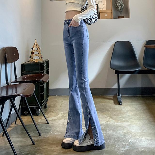 デニムボトムス2025春秋作開叉ジーンズラッパズボン韓国ファッションハイウエストパンツ