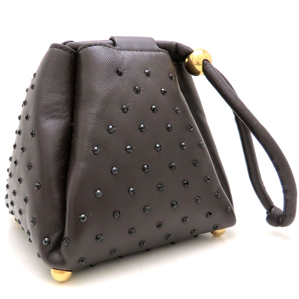 スクエア パフィーバッグ SQUARE PUFFY BAG ハンドバッグ ラインストーン ラムスキン ダークブラウン レディース/353256【中古】