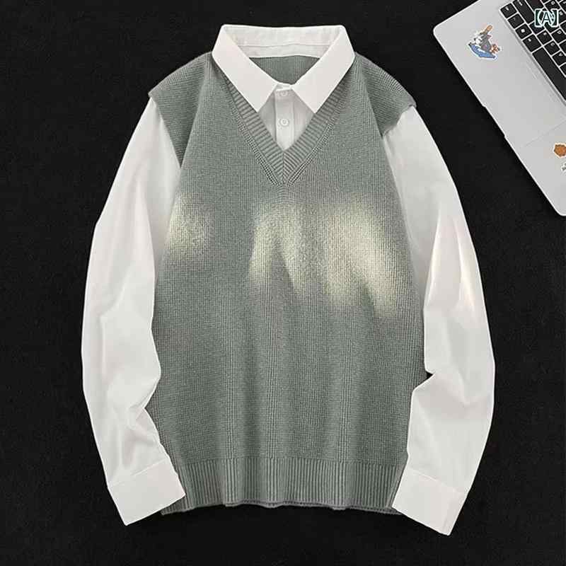 メンズ フェイク セットアップ シャツ カラー セーター 韓国 カップル インナー セーター 風 カレッジ セーター