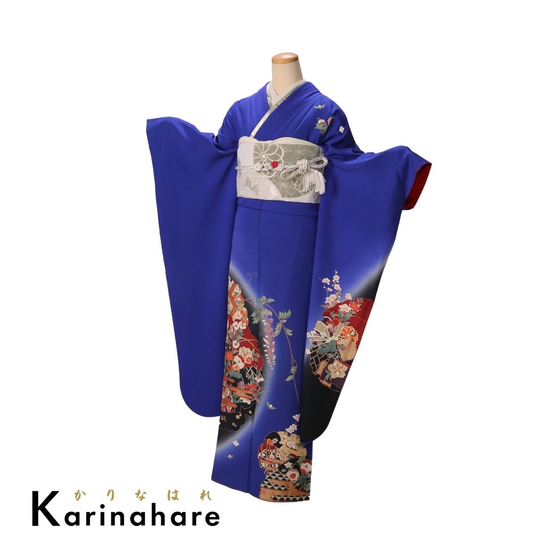 結婚式結納レンタル深い青地にシンプルな古典柄振袖F608-108