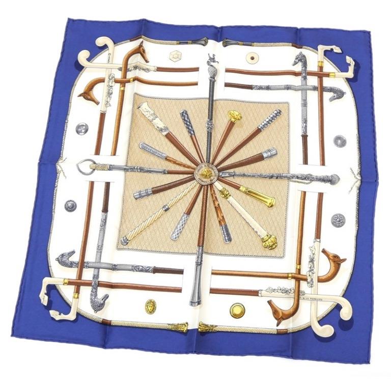 エルメス HERMES スカーフ カレ45 Cannes et Pommeaux ステッキ ブルー シルク100％ 【中古】(64885)