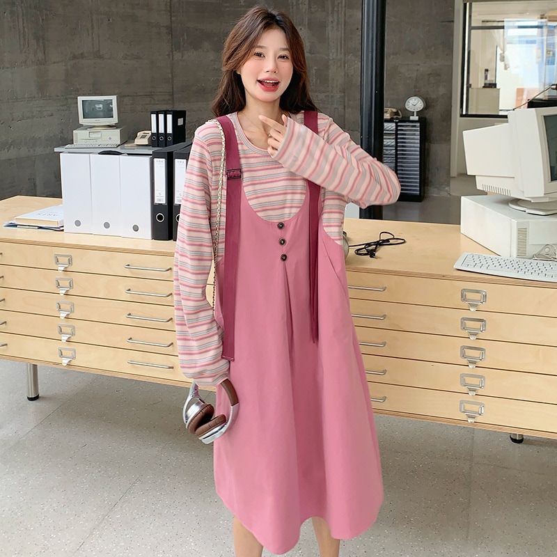 ストライプスプライシング偽2ピース長袖ワンピース外国貿易秋モデル新鮮で遊び心のあるカレッジスタイルTシャツバックドレス