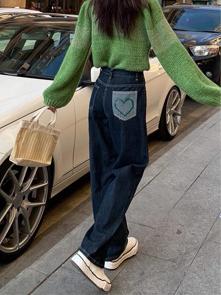【大きいサイズあり】ハートポケットハイウエストデニム ストレートジーンズ denim レディース ジーンズ デニム ジーパン ボトムス オシャレ 可愛い C464