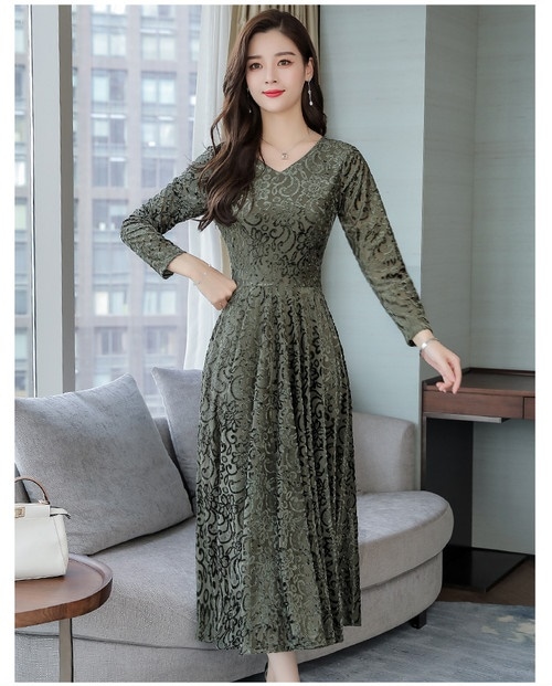 A1097.Vネック刺繍フレアワンピース（グリーン）2019 春夏 sale ドレス エレガント お呼ばれ 結婚式 披露宴 パーティー 女子会 レストラン デート