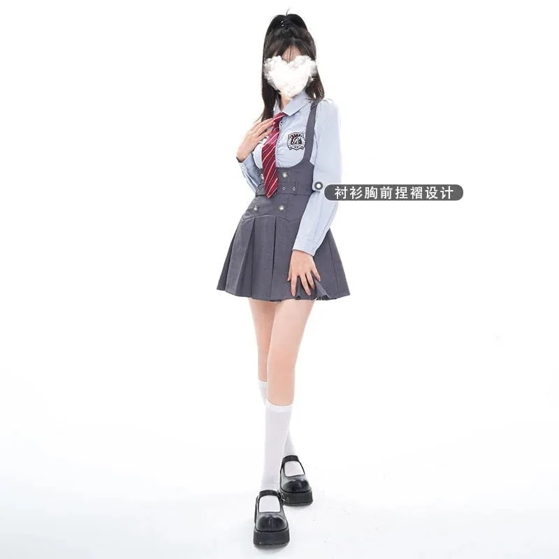 ワンピース コスプレ アメリカンユニフォームシャツ ロングワンピース ドレス サスペンダースカートワンピース コスプレ カレッジスタイル ツーピース 韓国 ワンピース ドレス スリム セクシー ワンピ