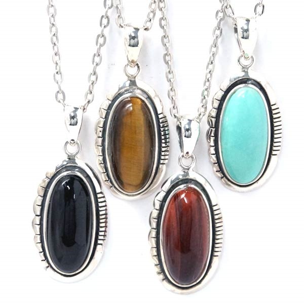 インディアンジュエリー ペンダント ネックレス 天然石 ターコイズ オニキス タイガーアイ レッドタイガーアイ ロングオーバル プレート メンズ レディース シルバー925 青/黒/茶/赤茶