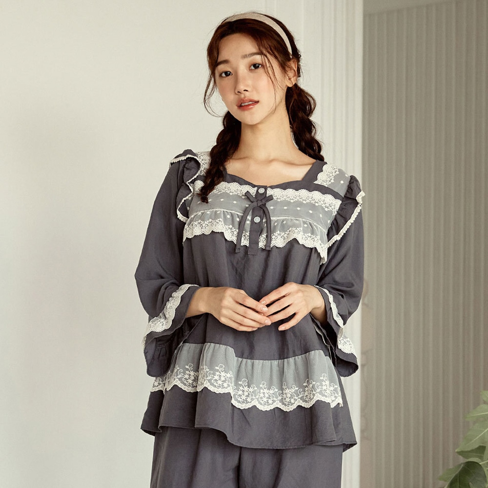 レディース サンドラ サンドウォッシング ポリ 上下(長袖スクエアネック)パジャマ ルームウェア