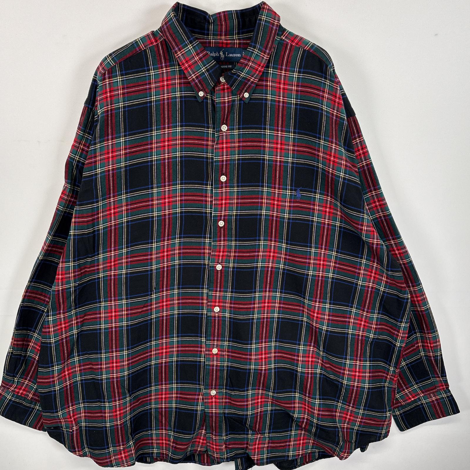 古着 長袖シャツ ワンポイント ロゴ 刺繍 ボタンダウンシャツ 大きいサイズ 3XB BIG ブラック系 チェック メンズ