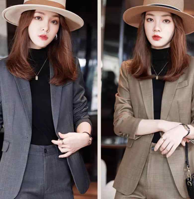 レディース セットアップ パンツスーツ グレー カーキブラウン チェック柄 おしゃれ 上品 上着 ジャケット スーツ襟 ボタン１つ ロイヤル 高貴感 高級感 フォーマル モダン スリムフィット シック 8,725円