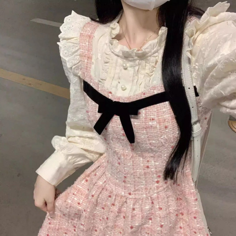 大きいサイズ太mmフェイクツーピーススプライシングドレスレトロ気質ウエスト痩身ロングスカート200ポンド