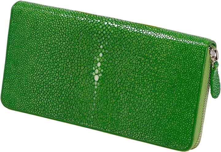 スティングレイ 長財布 大容量 本革 高級 エイ革 ラウンドファスナー 小銭 ポリッシュ 光沢 人気( グリーン)